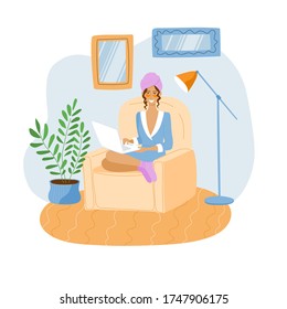  Young freelancer woman working from home in a bathrobe with a towel on her head and patches on her face. Concept of comfortable remote work for the self employed. Stock vector illustration isolated.