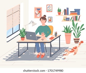 Young freelancer woman working online at her home office during COVID-19 quarantine.Girl sitting at the table with laptop computer, cat wants to play.Daily life of freelance worker vector illustration