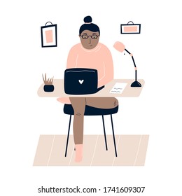 Young freelancer woman working remotely from home. Vector illustration. Home office concept