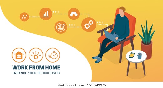 Young freelancer working from home and connecting online, telework and online communications concept