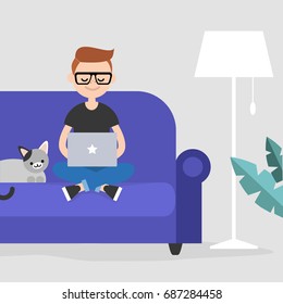 Young freelancer working at home / flat editable vector illustration, clip art