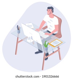 Young freelancer working at home vector flat style concept. Employee looking at computer monitor during working day in office. Online career. Coworking space illustration.