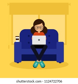Young freelancer working with laptop at home, remote working concept flat design, vector illustration
