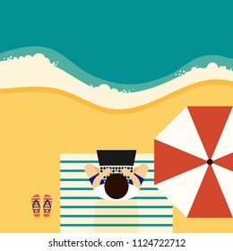 Young freelancer working with laptop at on the beach, remote work concept flat design, vector illustration
