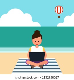 Young freelancer working with laptop at on the beach, remote work concept flat design, vector illustration