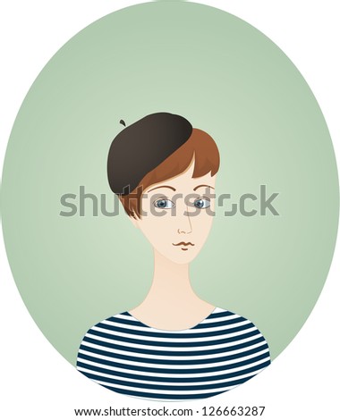 Young French Brunette Girl With Short Haircut In Beret In And Striped T Shirt On Young French Brunette Girl With Short Haircut In Beret In And Striped T Shirt On