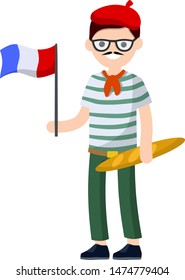 Young French guy in striped t-shirt with a red tie. man with the flag of France and bread. national costume. European tourism - Cartoon flat illustration