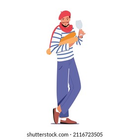 Young French Man in Striped T-shirt With Red Scarf, Wineglass and Baguette in Hands. Male Character in France National Costume, European Tourism, Comedy Personage. Cartoon People Vector Illustration