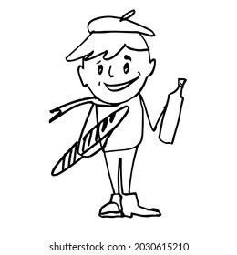A young Frenchman with a baguette and a bottle of wine. A hand-drawn sketch. Vector doodle illustration