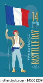 Young Frenchman In A Red Phrygian Cap And Flag Of France. Happy Bastille Day.