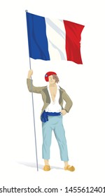 Young Frenchman in a red Phrygian cap and flag of France. Happy Bastille Day.