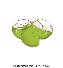young fresh coconut isolated on a white background, illustration of ready-to-drink and intact coconut, for fruit juices on a healthy food menu, the concept of summer coconuts, green coconut for simple