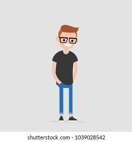 Young friendly character standing with hands in pockets. Flat editable vector illustration, clip art