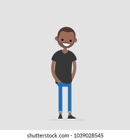 Young friendly character standing with hands in pockets. Flat editable vector illustration, clip art