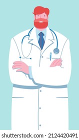 Young friendly doctor with crossed arms, white coat and stethoscope. Cartoon style cheerful doctor isolated on light green background.