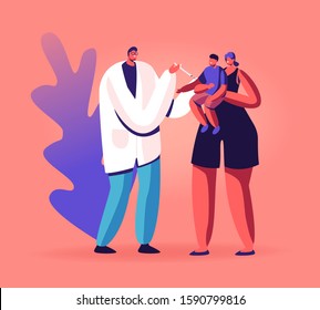 Young Friendly Doctor Put Hypodermic Injection to Baby Sitting on Mother Arms. Illness Treatment, Health Care, Hospital Illness Prevention, Diseased Child Immunization. Flat Vector Illustration