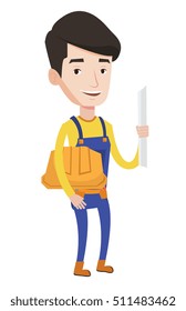 Joven ingeniero amigo con un plan. Ingeniero con un trenzado y sombrero duro. Un ingeniero revisando las obras de construcción. Ilustración de diseño plana vectorial aislada en fondo blanco.