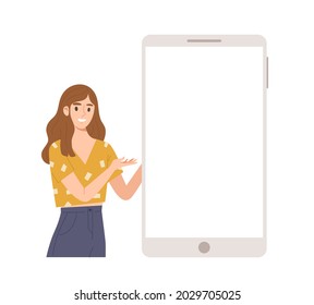 Young friendly female holding and presenting a big blank screen smartphone. Template banner. Concept of advertising, announcement, promotion, internet, online, communication. Flat vector illustration.