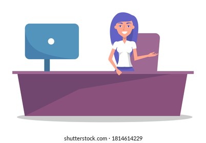 Young friendly girl with long hair in white t-shirt works at reception. Monoblock, personal computer, purple desktop, chair. The girl invites or offers consultation to client. Auto Service Center