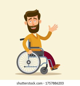 A young and friendly guy with a mustache and beard is sitting in a wheelchair smiling and waving. Disabled guy with leg fractures. Vector illustration, flat design, cartoon style, isolated.