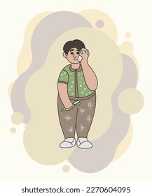 Un joven amigo está hablando por teléfono. Ilustración del doodle del vector de color.