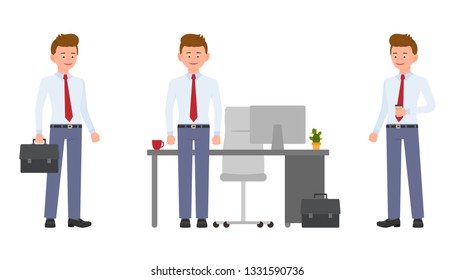 Young friendly office clerk in formal wear standing by the desk, holding coffee and briefcase. Cartoon character design of handsome man smiling, standing confidently emotional concept