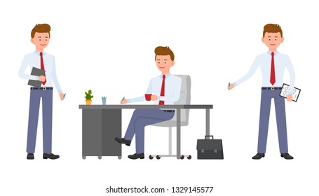 Young friendly office manager in formal wear sitting at the desk, holding notes and tablet, writing. Cartoon character design of handsome man smiling, standing, thinking emotional concept