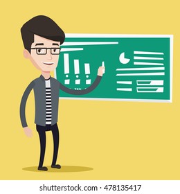 Young friendly teacher standing in classroom. Teacher standing in front of the blackboard with a piece of chalk in hand. Teacher writing on a chalkboard. Vector flat design illustration. Square layout