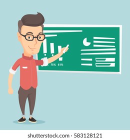 Young friendly teacher standing in classroom. Teacher standing in front of the blackboard with a piece of chalk in hand. Teacher writing on a chalkboard. Vector flat design illustration. Square layout