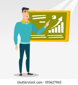 Young friendly teacher standing in classroom. Teacher standing in front of the blackboard with a piece of chalk in hand. Teacher writing on a chalkboard. Vector flat design illustration. Square layout