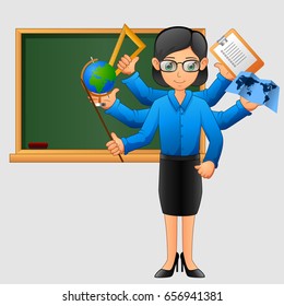 Young friendly teacher standing in classroom. Vector illustration