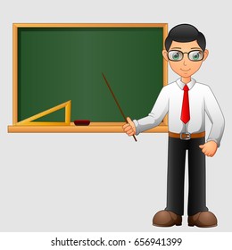 Young friendly teacher standing in classroom. Vector illustration