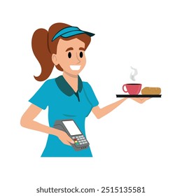 Young friendly waitress holding a payment machine and a tray with bread and coffee, digital payment and small business, vector illustration.