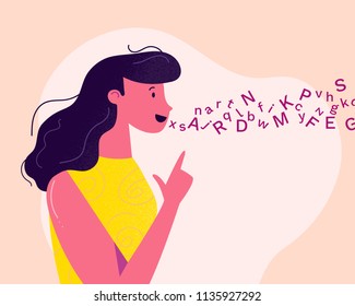 Young and friendly woman-logopedist is articulating on her logopedic treatment session. Colorful vector illustration for web and printing.