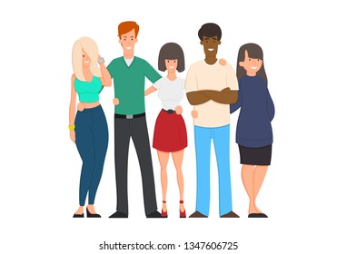 Young Friends From All Around The World Standing Hugging, Happy International Friendship Vector Cartoon Illustration