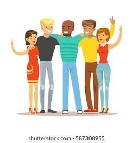 Young Friends From All Around The World Standing Hugging, Happy International Friendship Vector Cartoon Illustration