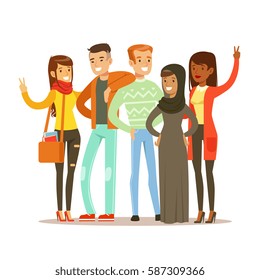 Young Friends From All Around The World Standing Posing For Photo, Happy International Friendship Vector Cartoon Illustration