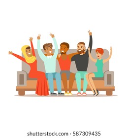 Young Friends From All Around The World Cheering On Sofa, Happy International Friendship Vector Cartoon Illustration