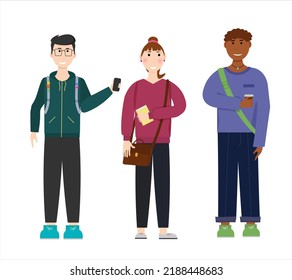 Young friends of a boy and a girl go to study. Vector illustration isolated on white background. For flyers, covers and brochures, packaging and advertising. 