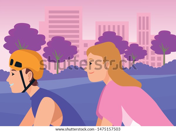 Young\
friends couple riding on bikes cartoon in the city urban scenery\
background ,vector illustration graphic\
design.