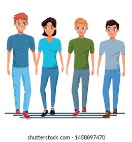 Young friends couple smiling with casual clothes cartoons isolated vector illustration graphic design