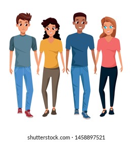 Young friends couple smiling with casual clothes cartoons isolated vector illustration graphic design