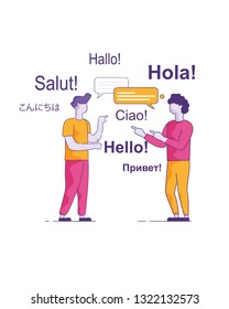 Young Friends from Different Countries Communicate. Vector Illustration on White Background. Two Happy Men in Casual Clothes Speak Without Translator with Help Word Speech Chatbot.