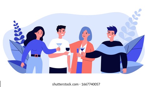 Young Friends Drinking Cocktails At Party Flat Vector Illustration. Happy Teenager Characters Smiling, Rousing Cheers Together And Celebrating. Alcohol Drink And Friendship Concept