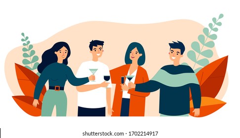 Young friends drinking cocktails at party flat vector illustration. Happy teenager characters smiling, rousing cheers together and celebrating. Alcohol drink and friendship concept