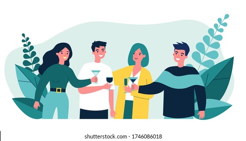 Young friends drinking cocktails at party flat vector illustration. Happy teenager characters smiling, rousing cheers together and celebrating. Alcohol drink and friendship concept