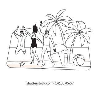 Young friends enjoying summer and jumping in swimsuit in the beach scenery vector illustration graphic design