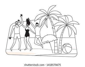 Young friends enjoying summer and jumping in swimsuit in the beach scenery vector illustration graphic design