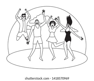 Young friends enjoying summer and jumping in swimsuit in the beach scenery vector illustration graphic design