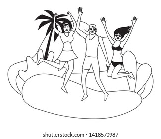 Young friends enjoying summer and jumping in swimsuit in the beach scenery vector illustration graphic design